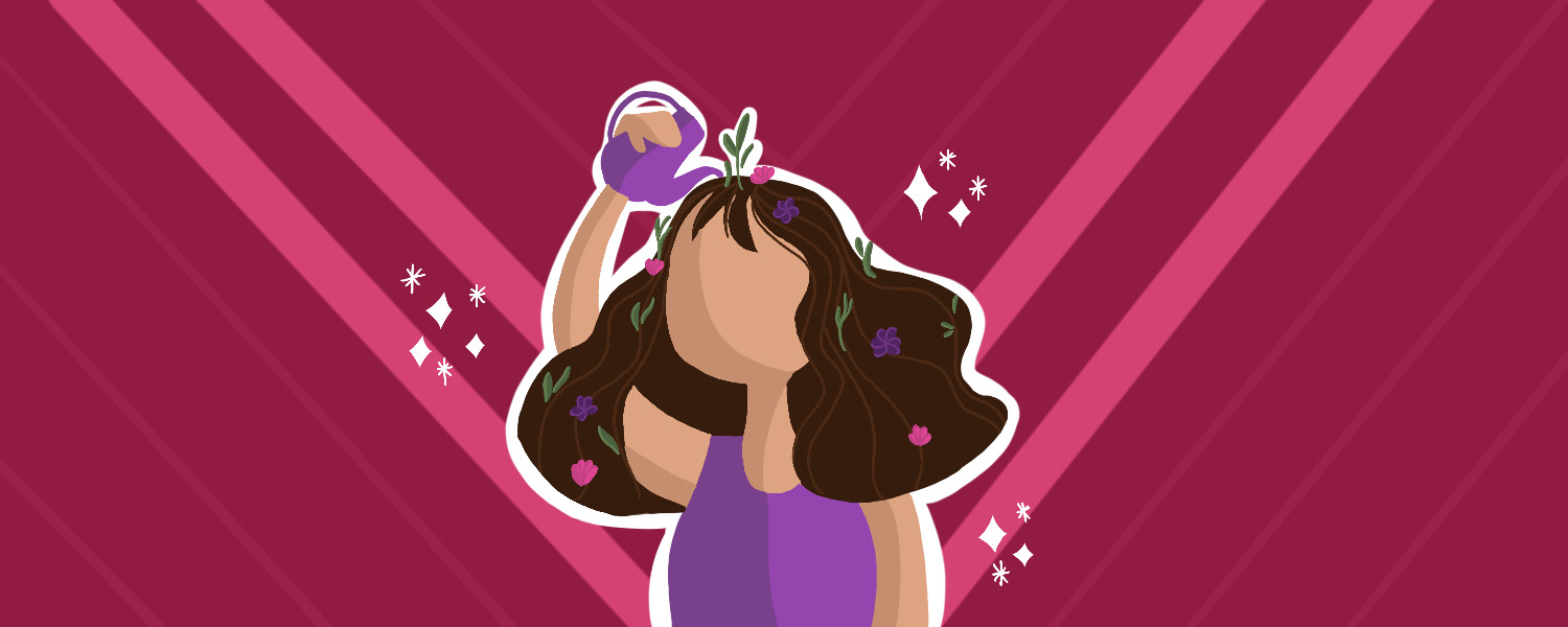 ilustración de una chica sentada en su casa sobre un fondo color púrpura - Saba